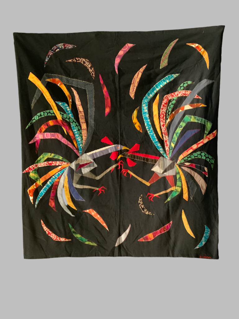 1950s French appliqué of cockerels signed 'le lalisier' (158 x 135cm)