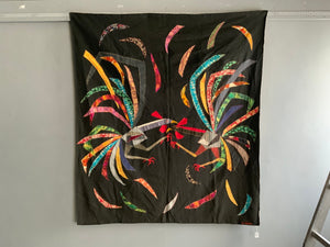 1950s French appliqué of cockerels signed 'le lalisier' (158 x 135cm)