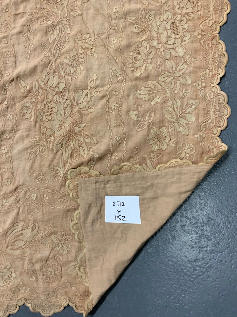 French antique cotton embroidery in pale ochre (272 x 152cm)