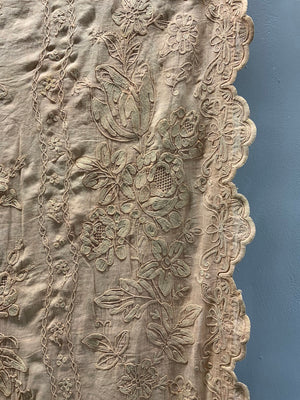 French antique cotton embroidery in pale ochre (272 x 152cm)