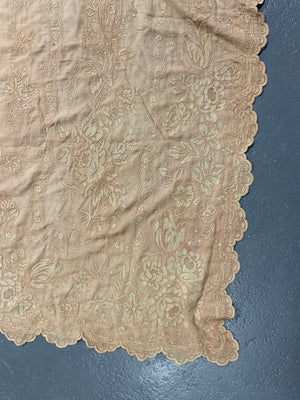 French antique cotton embroidery in pale ochre (272 x 152cm)