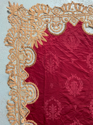 Vintage fringed silk table cover (123 x 118cm)