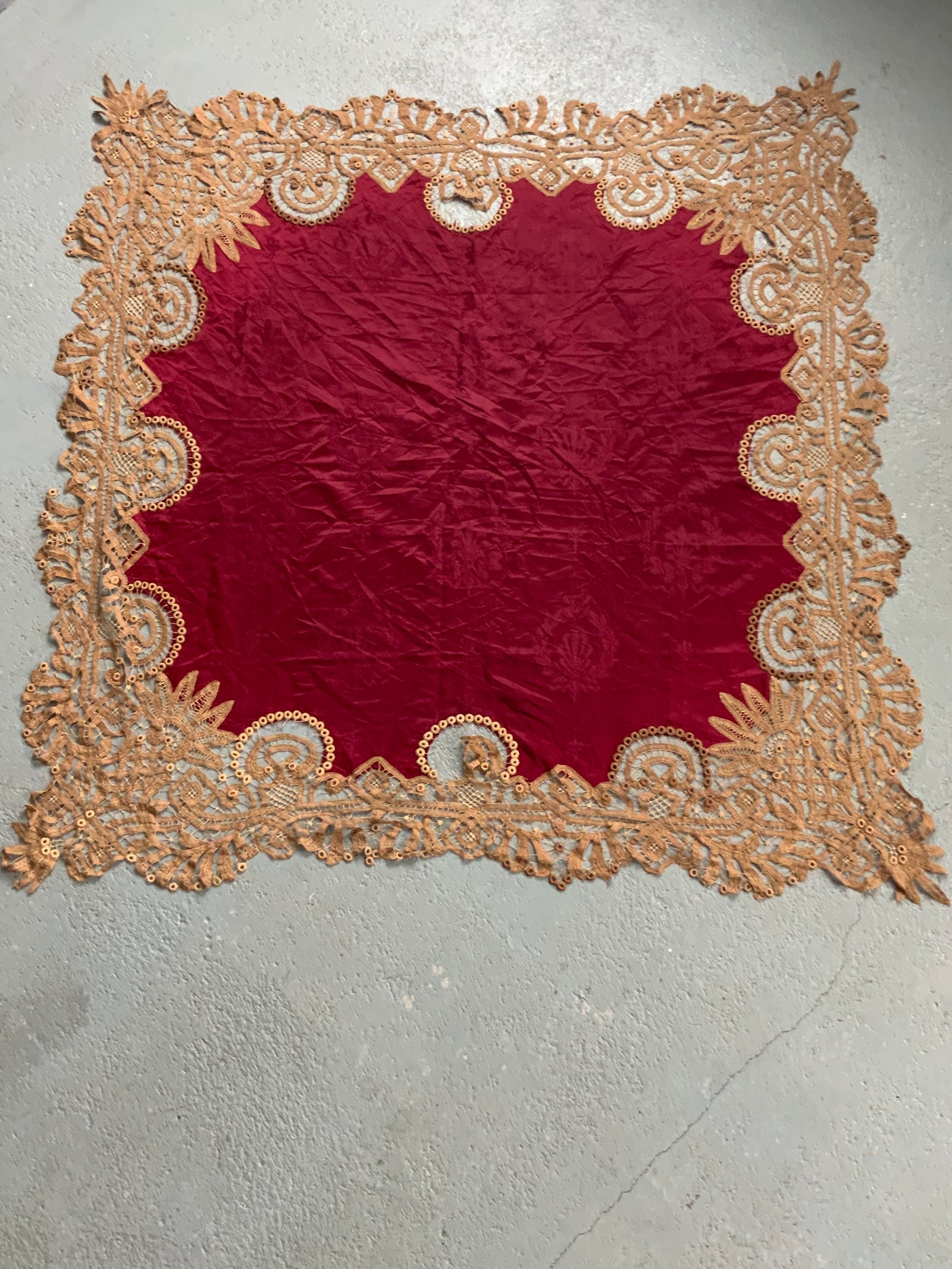 Vintage fringed silk table cover (123 x 118cm)