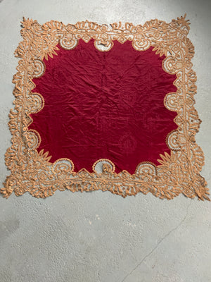Vintage fringed silk table cover (123 x 118cm)