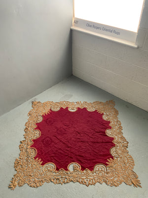 Vintage fringed silk table cover (123 x 118cm)