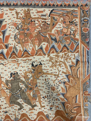 Balinese Cloth Banner With Painted Scenes Depicting The Ramayana Mid 20Th Cent Banner