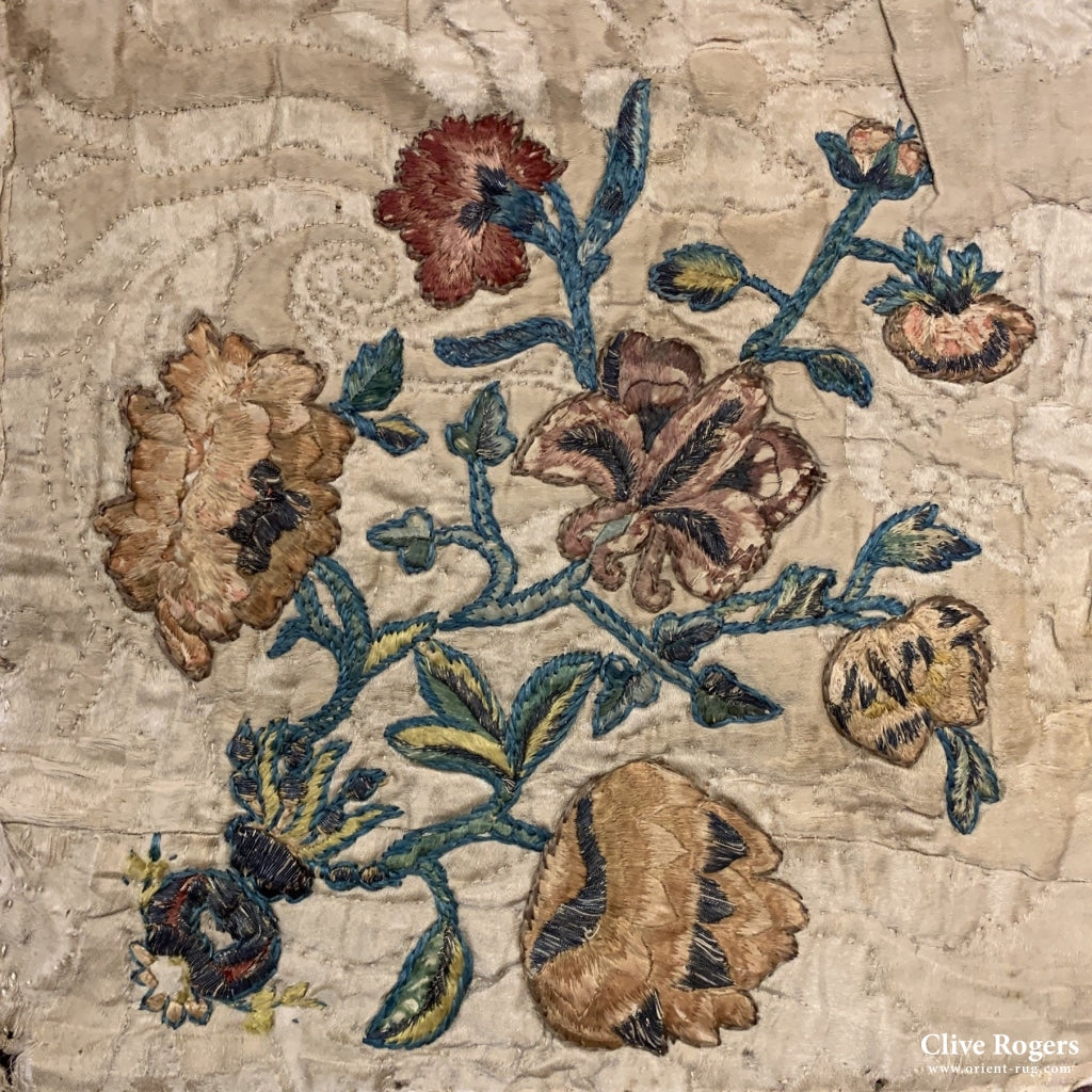 Queen Anne Period Bedcover Silk Embroidered Onto A Beige Cream Damas Circa 1700 Cover
