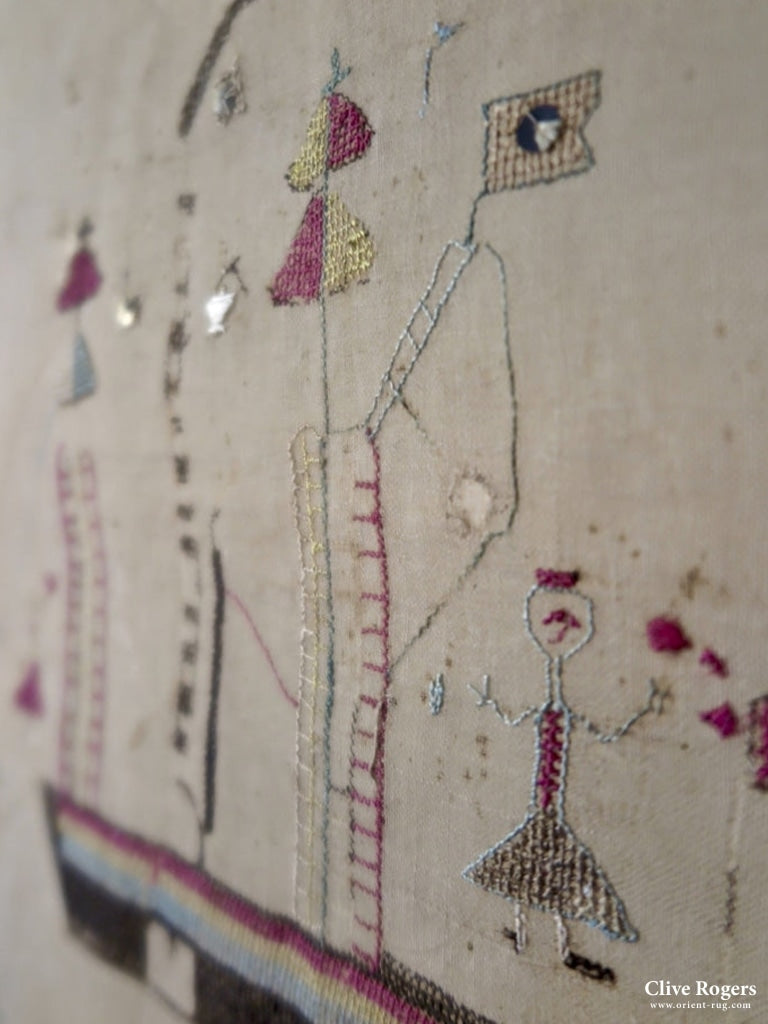 Greek Island Antique N. Sporades Silk Embroidery (97 X 97Cm) Embroidery