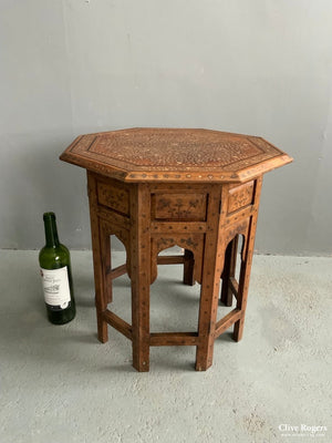 Hoshiapur Octagonal Brass / Copper Inlay Hardwood Table ( 47 X 46Cm )