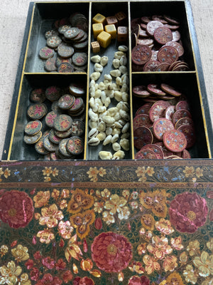 Kashmir papier-mâché gaming box with counters