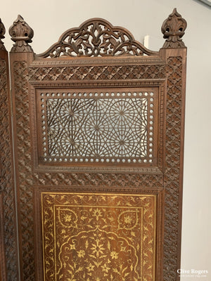 Indian Punjab Hardwood Fine Brass Boule Work Mahogany Four Fold Screen Late 19Th Cent Screen