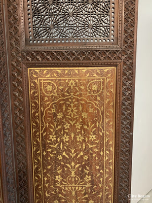 Indian Punjab Hardwood Fine Brass Boule Work Mahogany Four Fold Screen Late 19Th Cent Screen