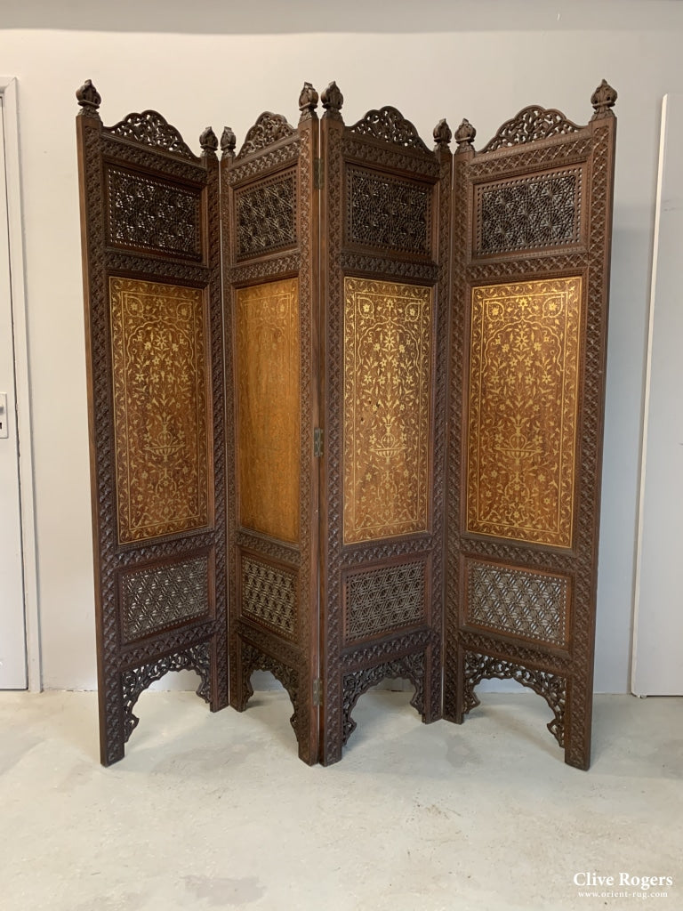 Indian Punjab Hardwood Fine Brass Boule Work Mahogany Four Fold Screen Late 19Th Cent Screen