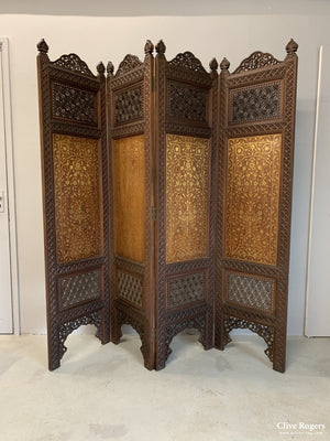 Indian Punjab Hardwood Fine Brass Boule Work Mahogany Four Fold Screen Late 19Th Cent Screen