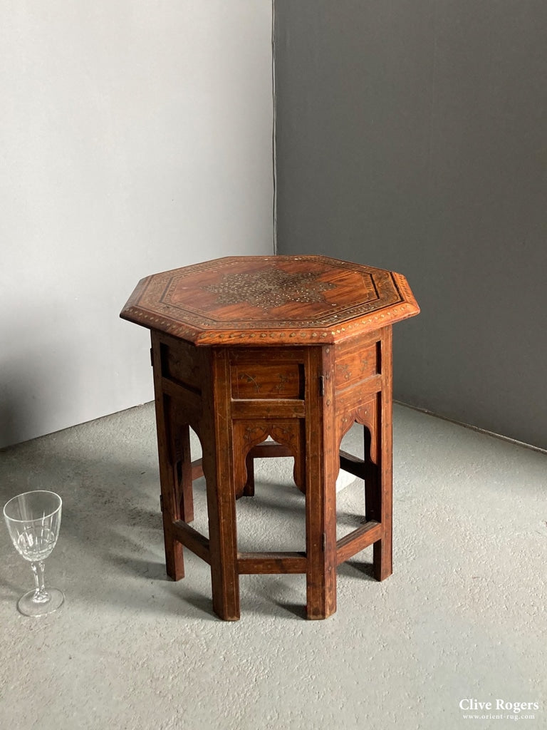 Indian Punjab Hoshiapur Small Folding Brass Inlay Octagonal Table Early 20Th Cent (42 X42Cm) Table