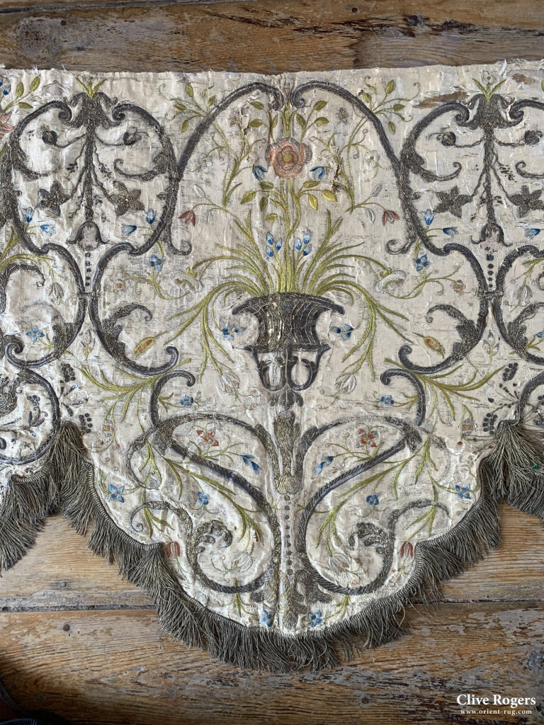 Italian Or Spanish Pelmet Embroidered In Silk Gold And Silver Onto 17/18Th Cent