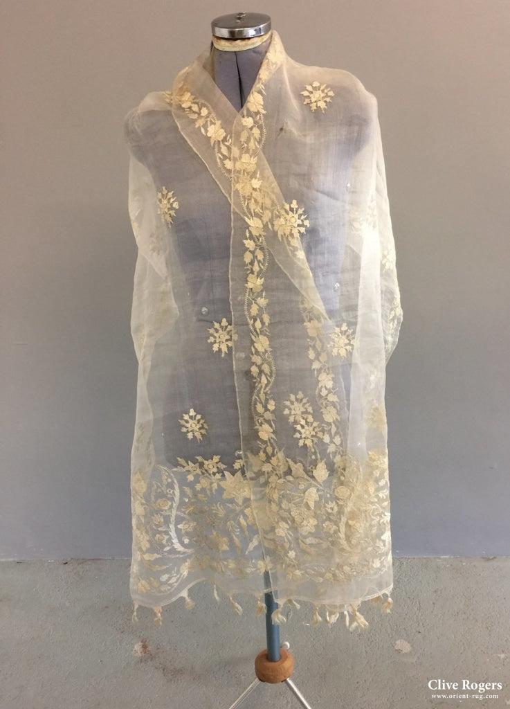 Ottoman Fine Silk Organza Stole With Silver Embroidery 19Th C Stole