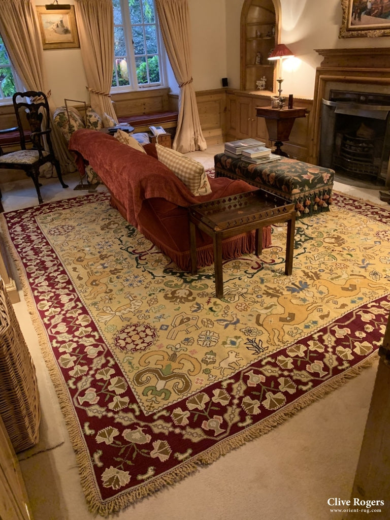 Portuguese Arraiolos Needlework Carpet On Yellow With Animal Designs Carpet