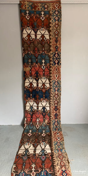 Turkish Anatolian Kilim Carnation Design Runner 19Th Cent Kilim